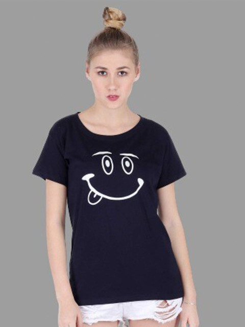 

BROADSTAR Women Navy Blue Printed Extended Sleeves Monochrome Applique T-shirt