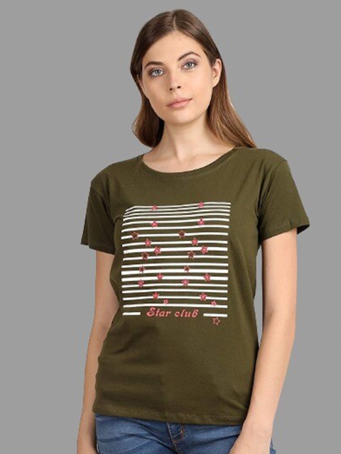 

BROADSTAR Women Olive Green Printed T-shirt