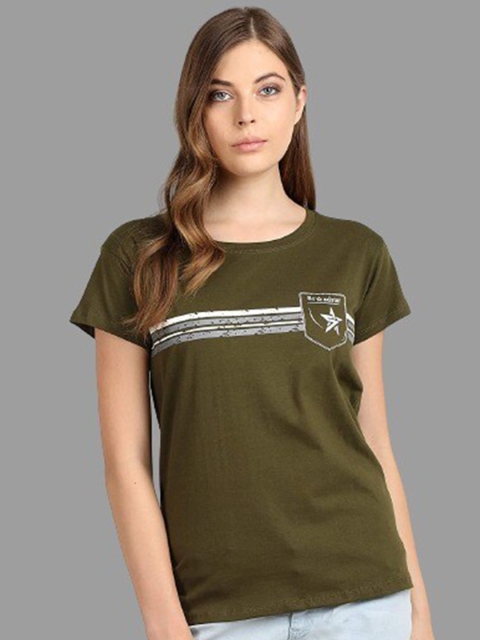 

BROADSTAR Women Olive Green Extended Sleeves T-shirt