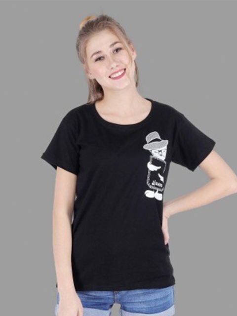 

BROADSTAR Women Black Printed Henley Neck Applique T-shirt