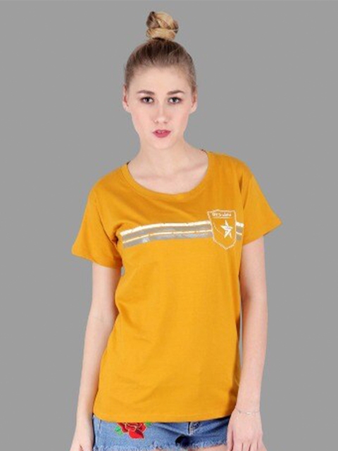 

BROADSTAR Women Mustard Yellow Printed Extended Sleeves Applique T-shirt