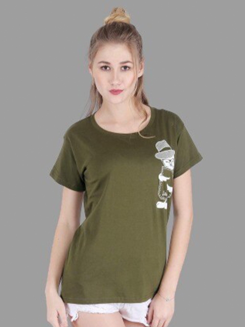 

BROADSTAR Women Olive Green Extended Sleeves T-shirt