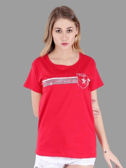 

BROADSTAR Women Red Extended Sleeves T-shirt