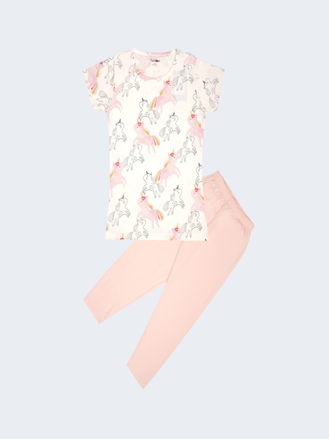 

Taatoom Girls Pink & Beige Printed Cotton Night suit