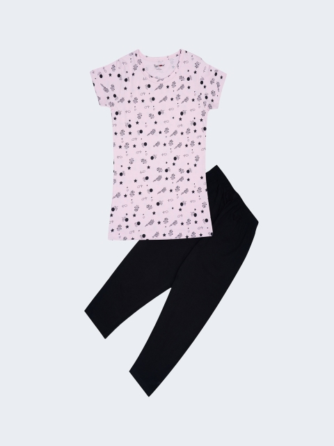

Taatoom Girls Pink & Black Cotton Printed Night suit