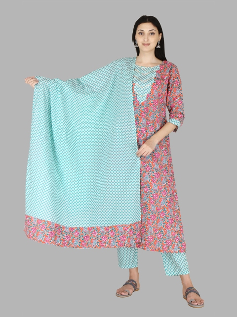 

ERISHA Women Pink Floral Printed Pure Cotton Kurta with Palazzos & With Dupatta