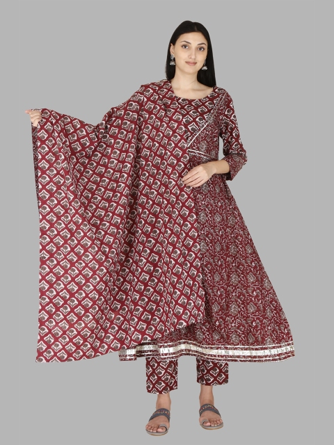 

ERISHA Women Maroon Floral Printed Pure Cotton Kurta with Palazzos & Dupatta