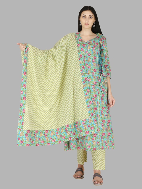 

ERISHA Women Sea Green Floral Printed Angrakha Pure Cotton Kurta with Trousers & With Dupatta