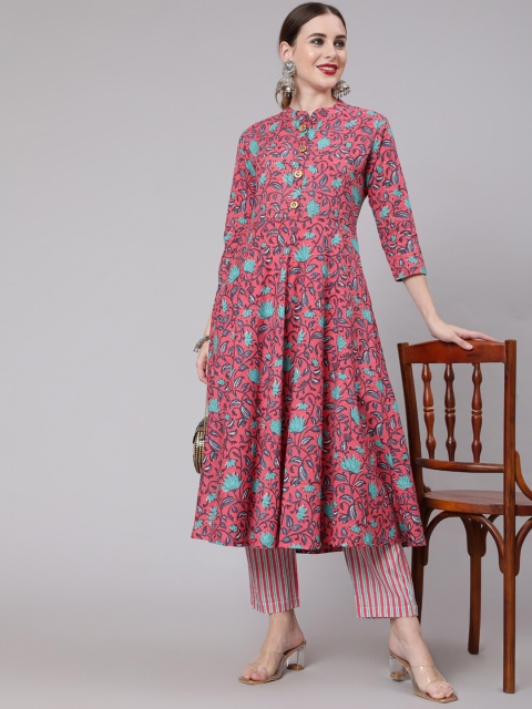 

GLAM ROOTS Women Pink Floral Printed Empire Pure Cotton Kurta with Trousers