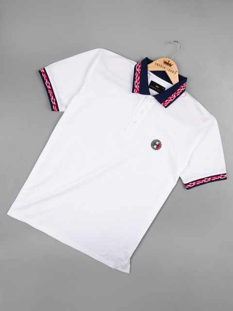 

FRENCH CROWN Men White Typography Printed Polo Collar T-shirt
