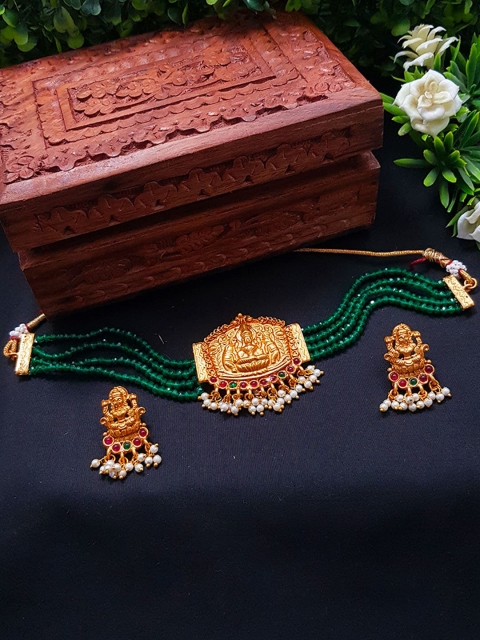 

GRIIHAM Gold-Plated Pink & Green AD-Studded & Beaded Jewellery Set