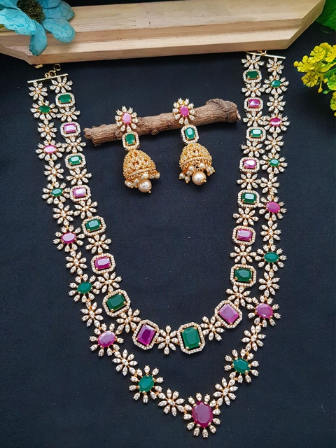 

GRIIHAM Gold-Plated Pink & Green CZ-Studded & Beaded Jewellery Set