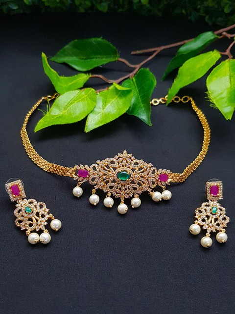 

GRIIHAM Gold-Plated Pink & Green Cz-Studded & Beaded Jewellery Set
