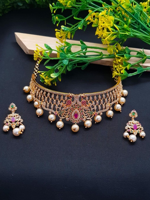 

GRIIHAM Gold-Plated White & Pink CZ-Studded & Pearl Beaded Jewellery Set