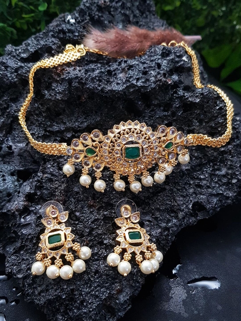 

GRIIHAM Gold-Plated White Green CZ-Studded & Pearl Beaded Jewellery Set