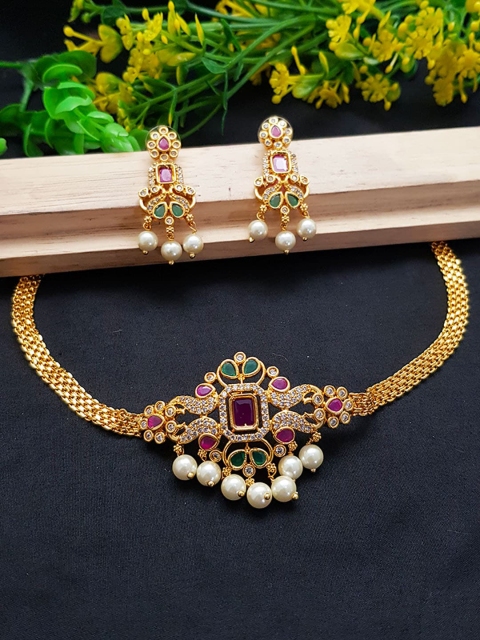 

GRIIHAM Women Gold-Plated Pink & Green CZ Stone-Studded Jewellery Set, Red