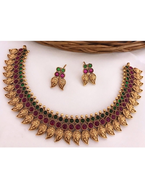 

GRIIHAM Gold-Plated Pink & Green AD-Studded Jewellery Set