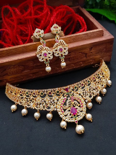 

GRIIHAM Gold-Plated White & Pink CZ-Studded & Pearl Beaded Jewellery Set