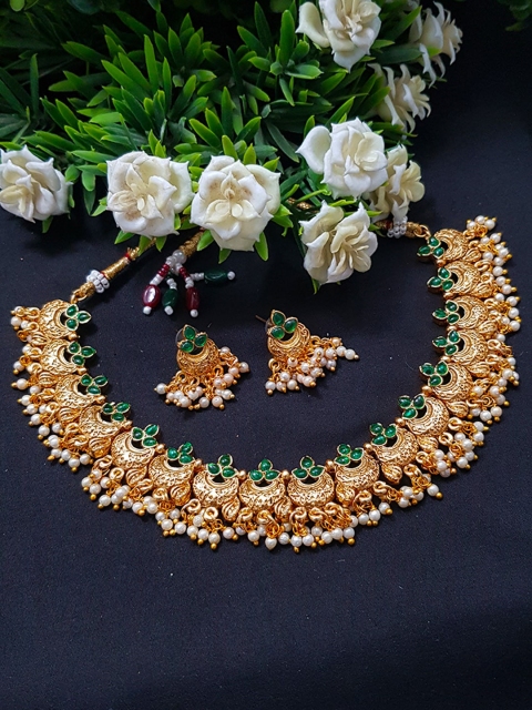

GRIIHAM Gold-Plated Green & White Stone Studded Short Necklace Jewellery Set