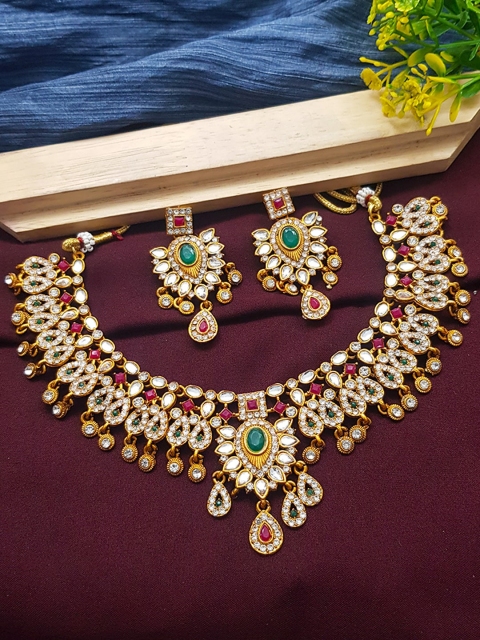 

GRIIHAM Gold-Plated White & Pink Stone-Studded Jewellery Set