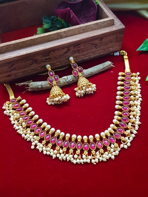 

GRIIHAM Gold-Plated White & Pink AD-Studded & Pearl Beaded Jewellery Set