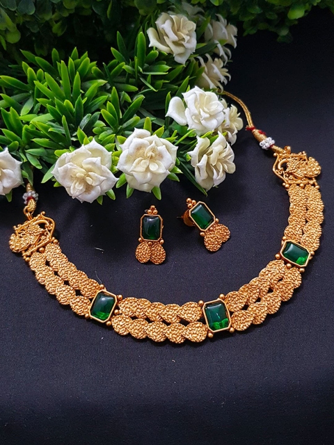 

GRIIHAM Gold-Plated & Green AD Stone-Studded Jewellery Set, Multi
