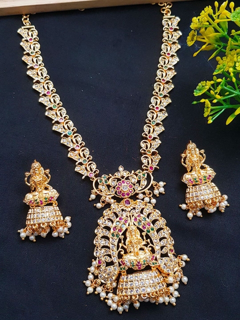 

GRIIHAM Gold-Plated Long Laxmi hara with CZ Stones Jewellery Set