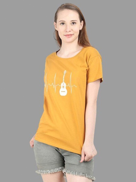 

BROADSTAR Women Mustard Yellow Printed Extended Sleeves T-shirt