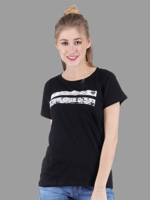 

BROADSTAR Women Black Printed V-Neck Extended Sleeves T-shirt