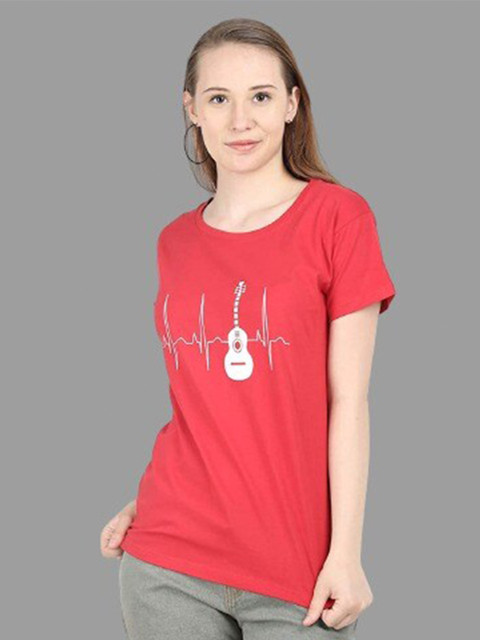 

BROADSTAR Women Red Varsity Printed Tropical Applique T-shirt
