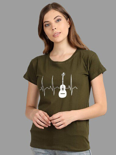 

BROADSTAR Women Olive Green Typography Printed Extended Sleeves T-shirt