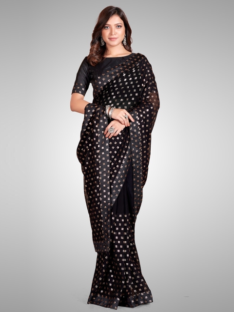 

Granthva Fab Black Embellished Sequinned Pure Georgette Ready to Wear Saree