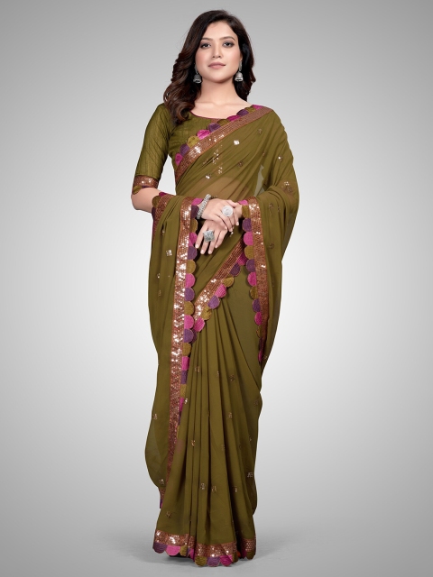 

Granthva Fab Olive Green & Pink Embellished Sequinned Pure Georgette Ready to Wear Saree