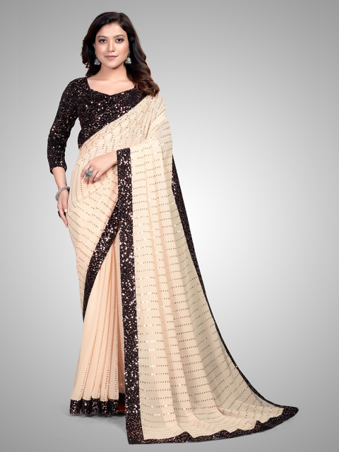 

Granthva Fab Orange & Black Embellished Sequinned Pure Georgette Ready to Wear Saree