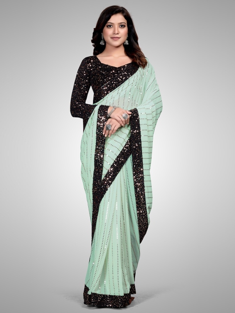 

Granthva Fab Green & Black Embellished Sequinned Pure Georgette Ready to Wear Saree