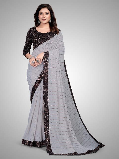 

Granthva Fab Grey Embellished Sequinned Pure Georgette Ready to Wear Saree