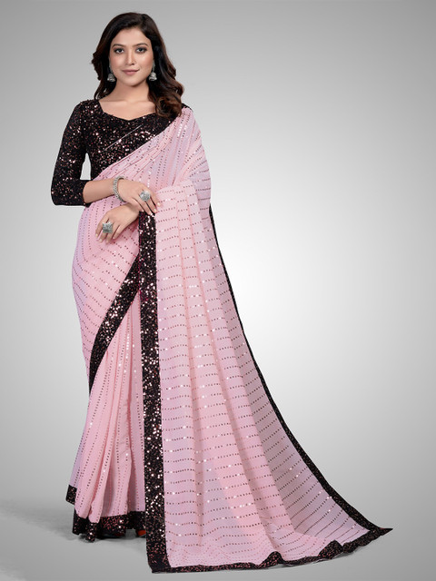 

Granthva Fab Pink & Black Embellished Sequinned Pure Georgette Ready to Wear Saree