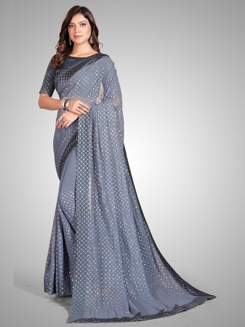 

Granthva Fab Grey Embellished Sequinned Pure Georgette Ready to Wear Saree