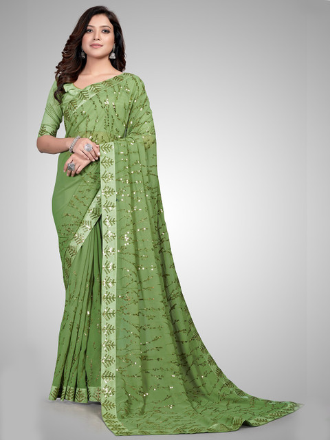 

Granthva Fab Green Embellished Sequinned Pure Georgette Ready to Wear Saree
