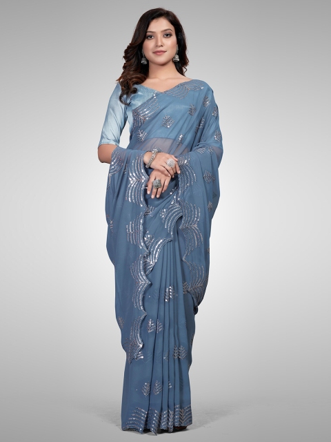 

Granthva Fab Grey & Silver-Toned Embellished Sequinned Pure Georgette Ready to Wear Saree