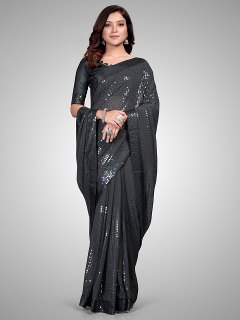 

Granthva Fab Grey & White Embellished Sequinned Pure Georgette Ready to Wear Saree
