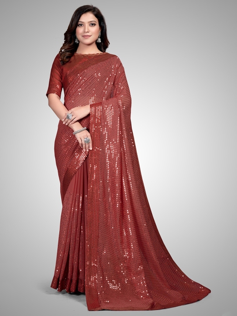 

Granthva Fab Camel Brown Embellished Sequinned Pure Georgette Ready to Wear Saree