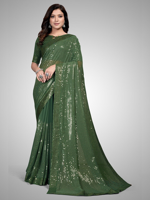 

Granthva Fab Green Embellished Sequinned Pure Georgette Ready to Wear Saree