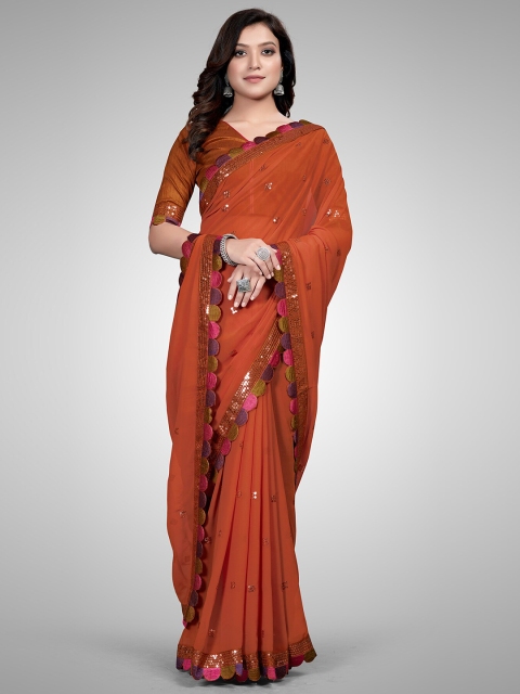 

Granthva Fab Orange & White Embellished Sequinned Pure Georgette Ready to Wear Saree