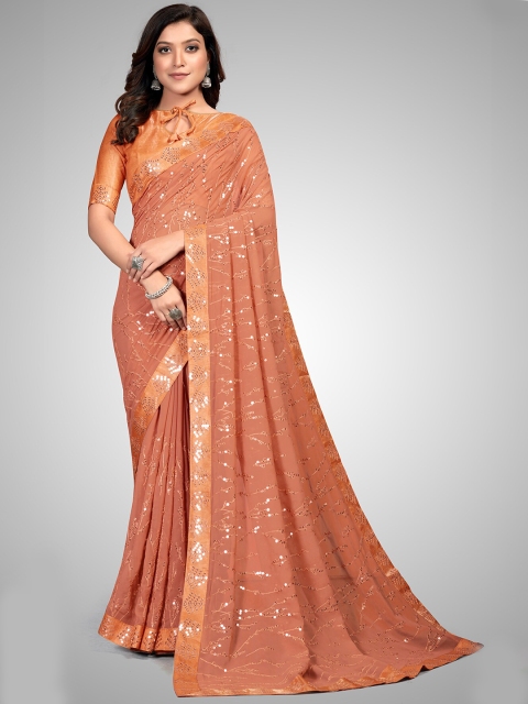 

Granthva Fab Orange & Gold-Toned Embellished Sequinned Pure Georgette Ready to Wear Saree