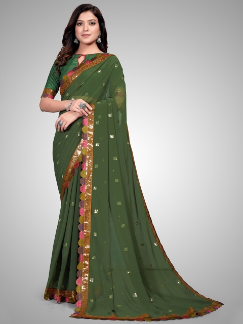 

Granthva Fab Green & Pink Embellished Sequinned Pure Georgette Ready to Wear Saree