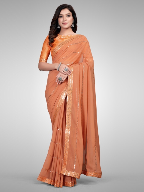 

Granthva Fab Orange Embellished Sequinned Pure Georgette Ready to Wear Saree