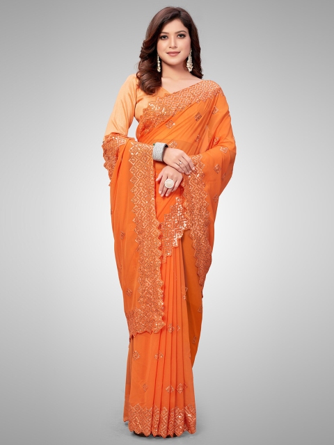 

Granthva Fab Orange Embellished Sequinned Pure Georgette Ready to Wear Saree