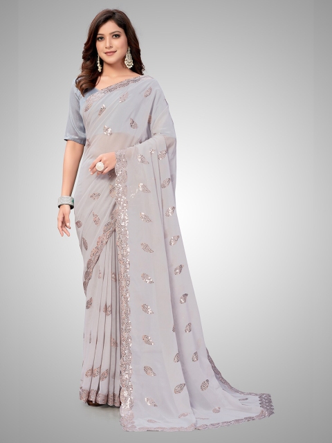 

Granthva Fab Grey & Copper-Toned Embellished Sequinned Pure Georgette Ready to Wear Saree