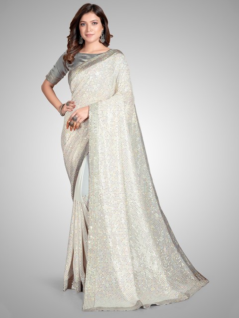 

Granthva Fab White & Grey Embellished Sequinned Pure Georgette Ready to Wear Saree